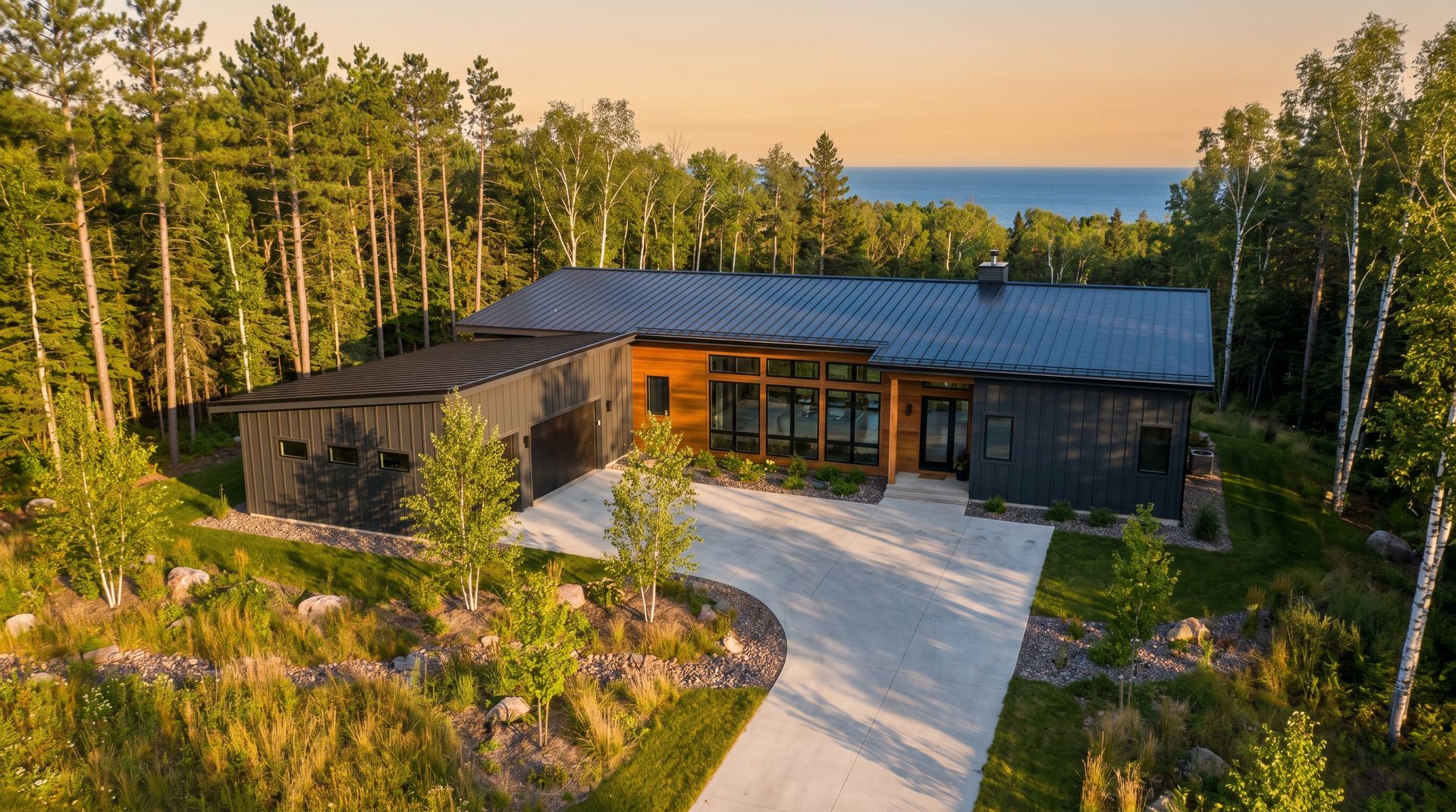 Drone view of a modern custom home built by ProCon in Duluth, MN