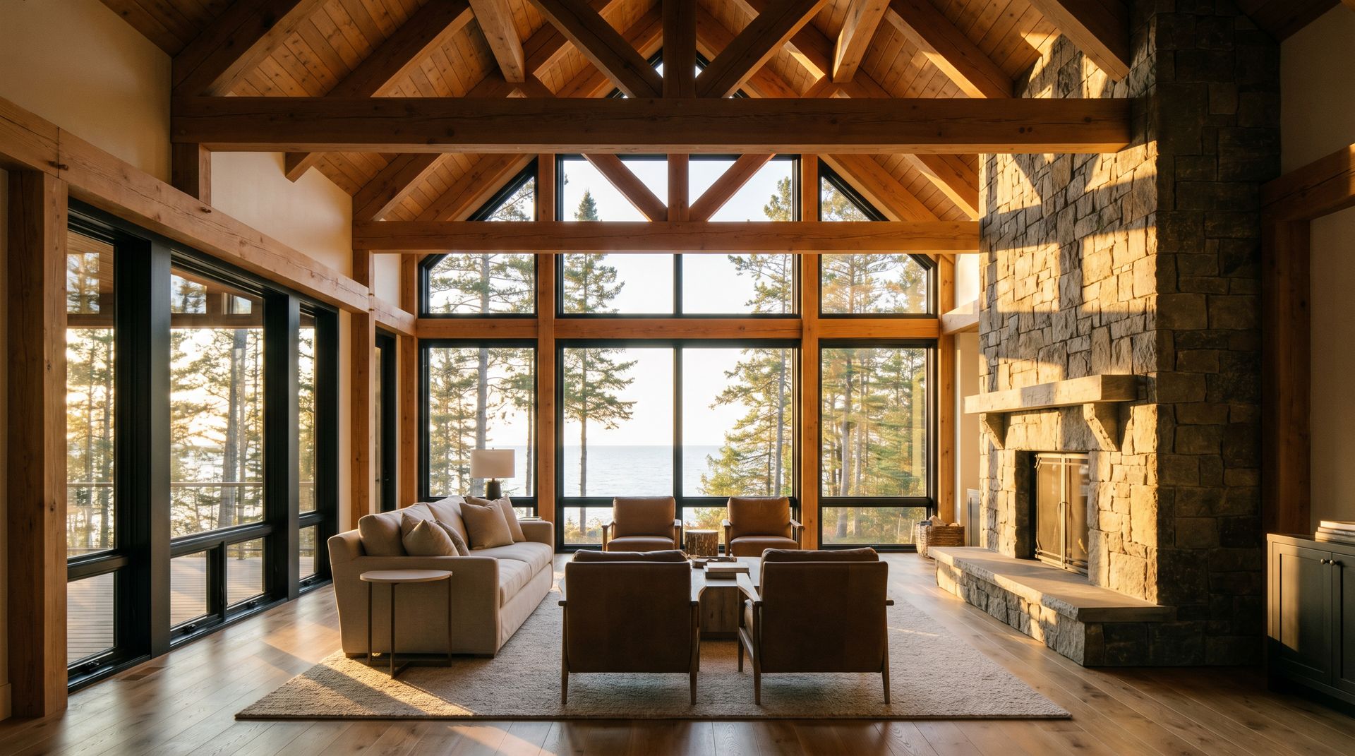 Living room with floor-to-ceiling lake-view windows — the kind of lake-country build ProCon does around Moose Lake, MN