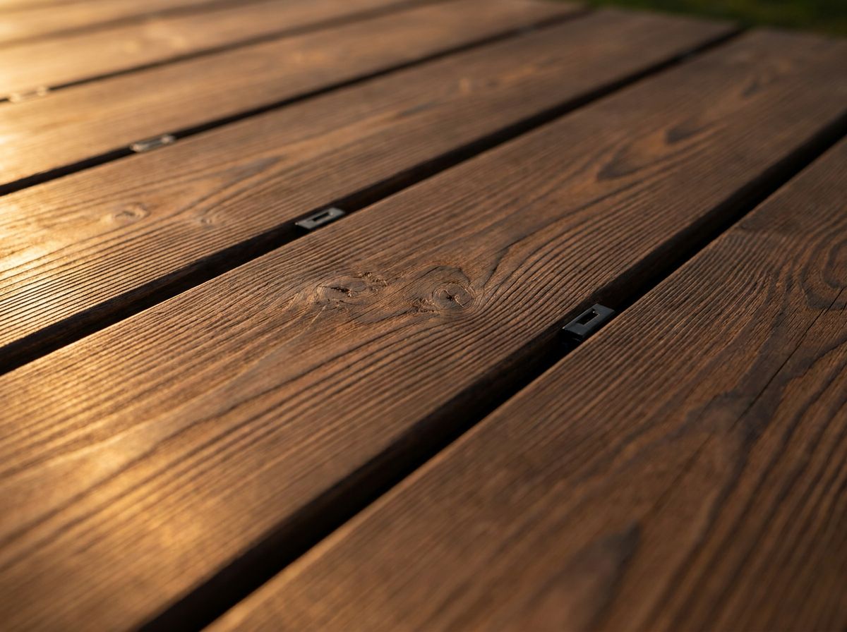 Close detail of thermally modified wood grain — the decking material ProCon builds with